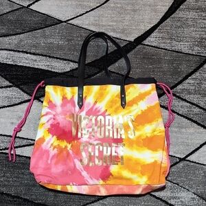 VICTORIA SECRET 2019 GOLD SHINE TIE-DYE CANVAS FAUX-LEATHER DRAWSTRING CARRY-ALL